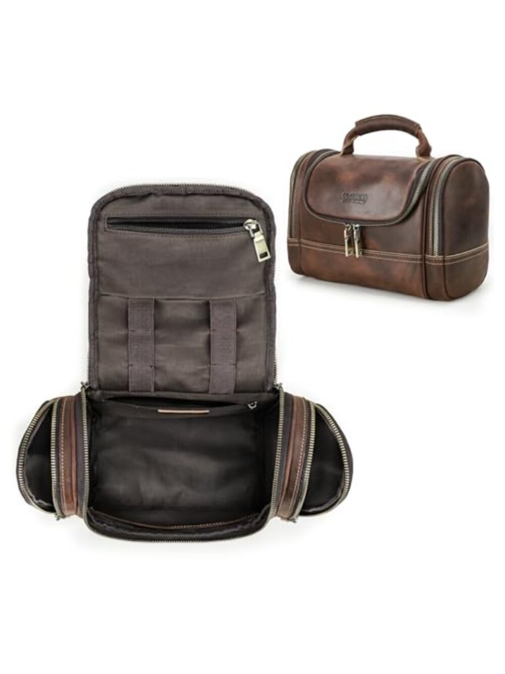 Top Grain Leather Travel Toiletry Bag Organizer Large Multi Pockets Vintage